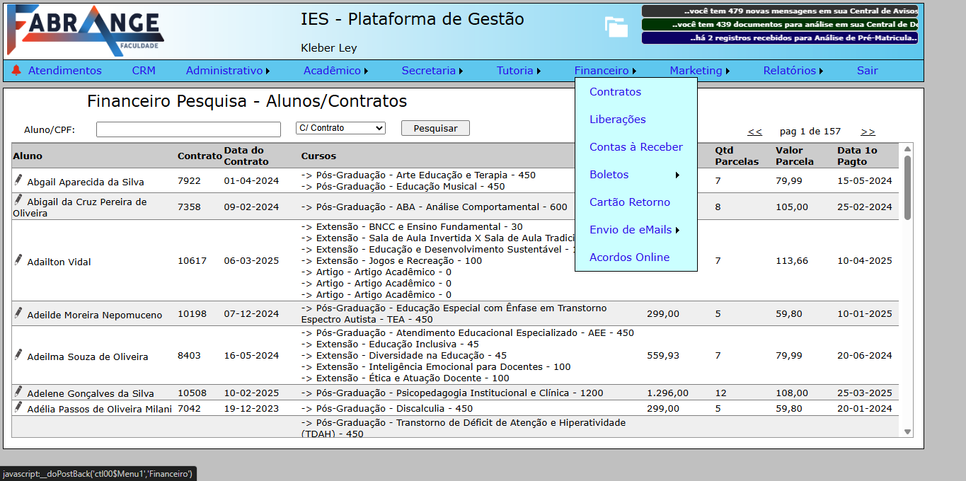 11 - Controle Fiannceiro - Contratos de Matriculas - Cobrança por Boleto Pix - Cartão e Acordos