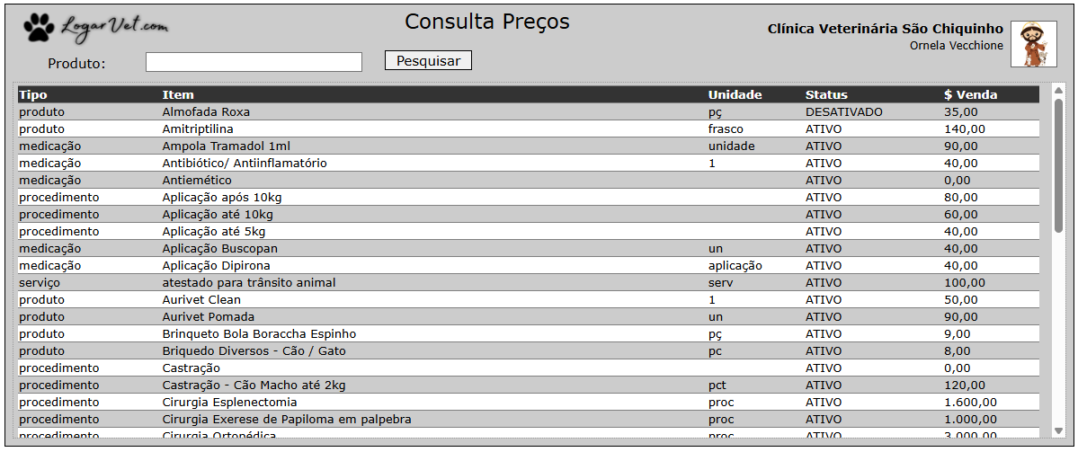 Módulo para consultar preços de serviços e produtos registrados